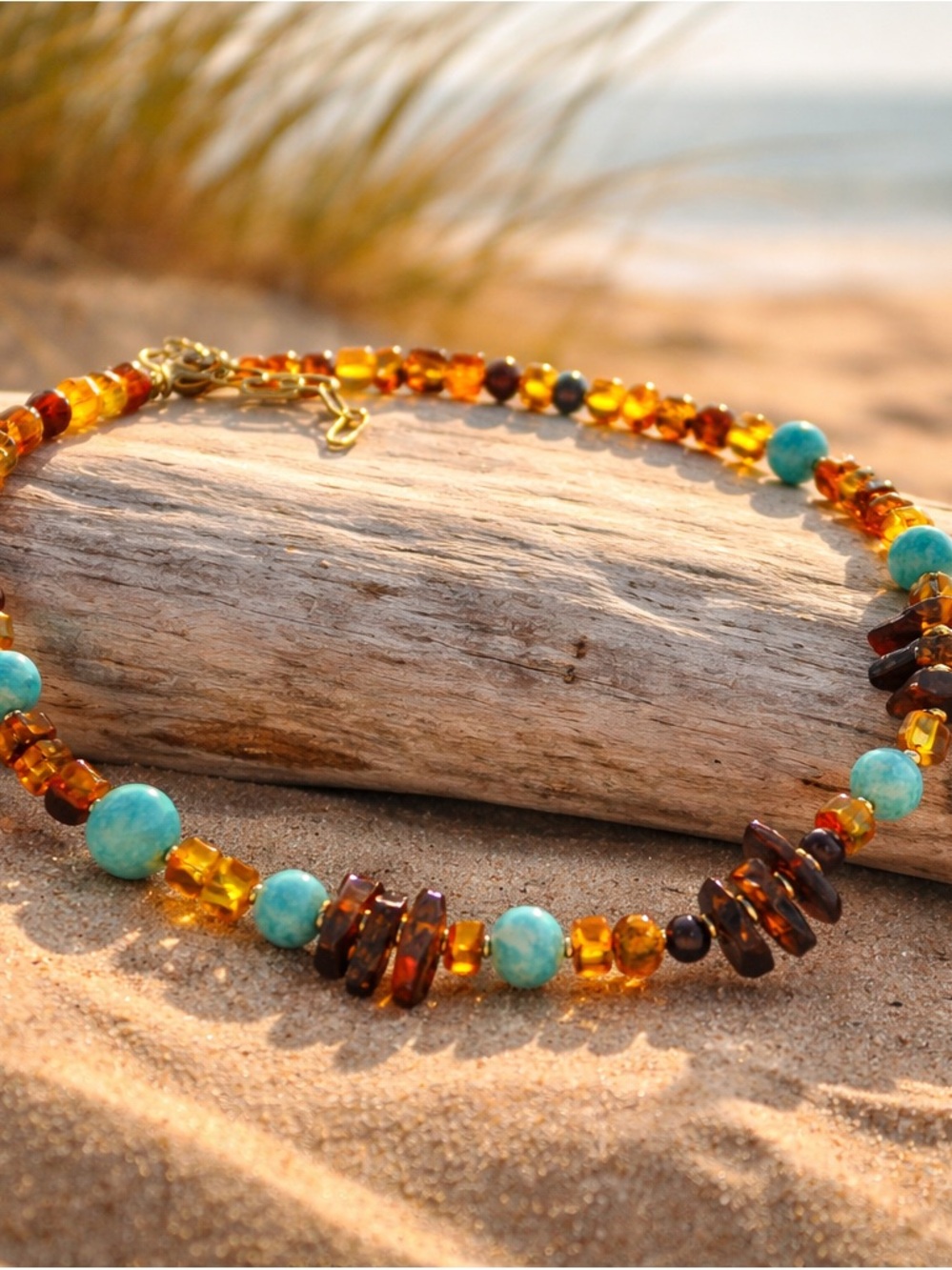 Natural Amber ,Amazonite and Garnet Necklace